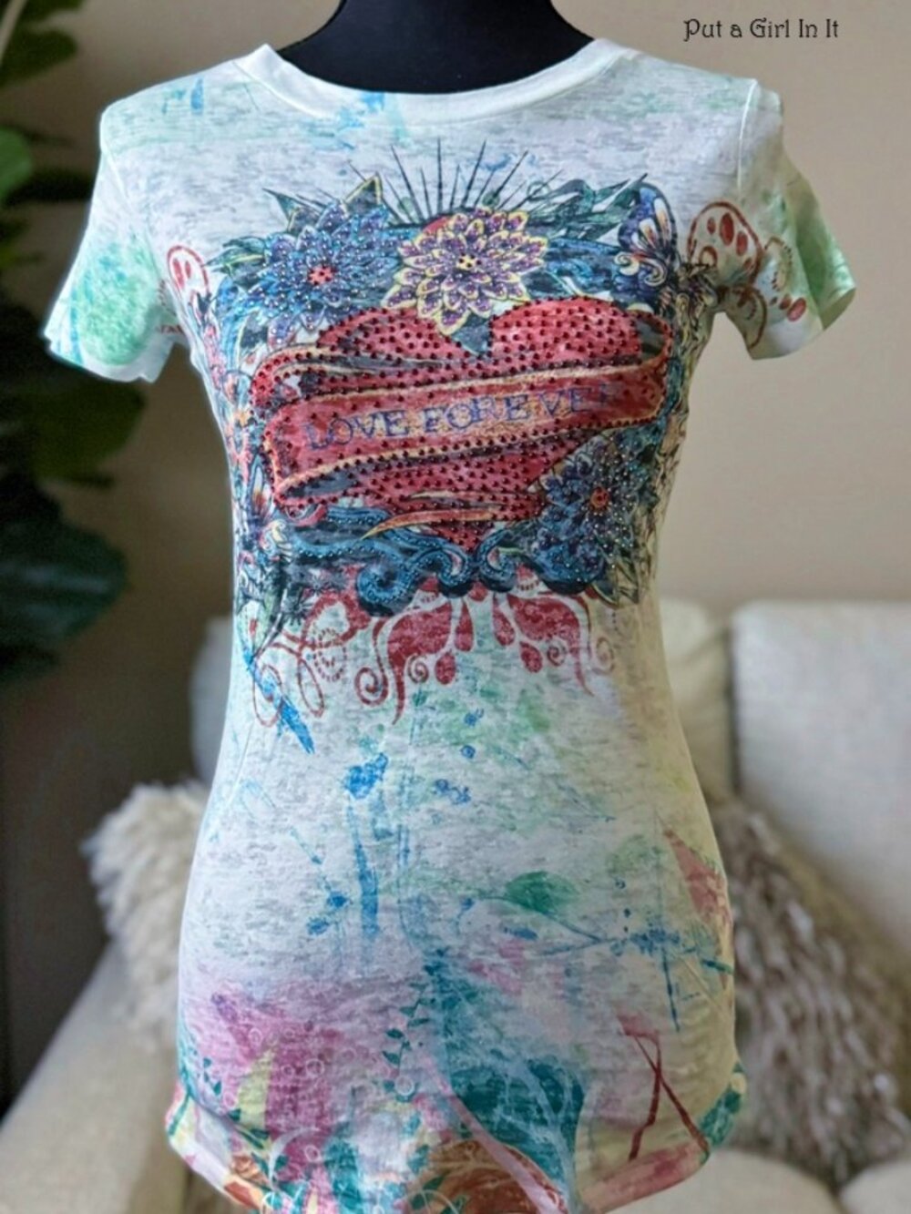 Vocal Apparel women's crystal sublimation burnout heart love forever shirt small